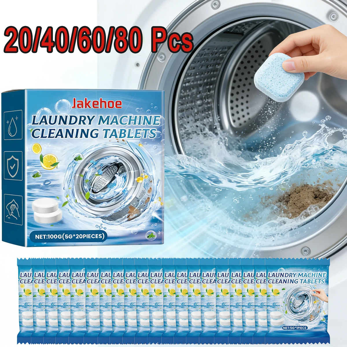 20/40/60/80 Pcs Washing Machine Cleaner Tablets Deep Cleaning Tub Drum Washer Cleaner Odor Eliminator Effervescent Descaler 100g